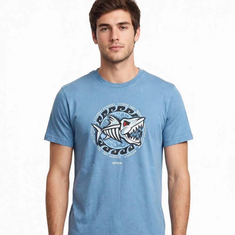 Santorini Graphic T-Shirt Blue Fishbone Boarders Shark Size S